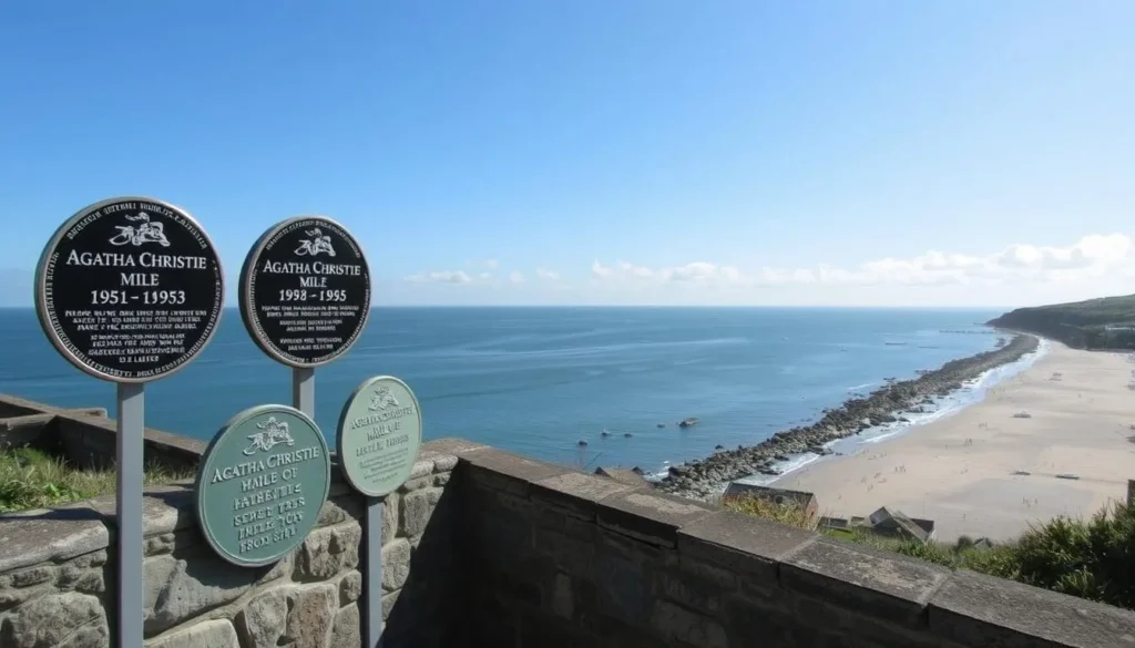 Generate an image of the Agatha Christie Mile in Torquay, featuring plaques and scenic views. Generate an image of the Agatha Christie Mile in Torquay, featuring plaques and scenic views.