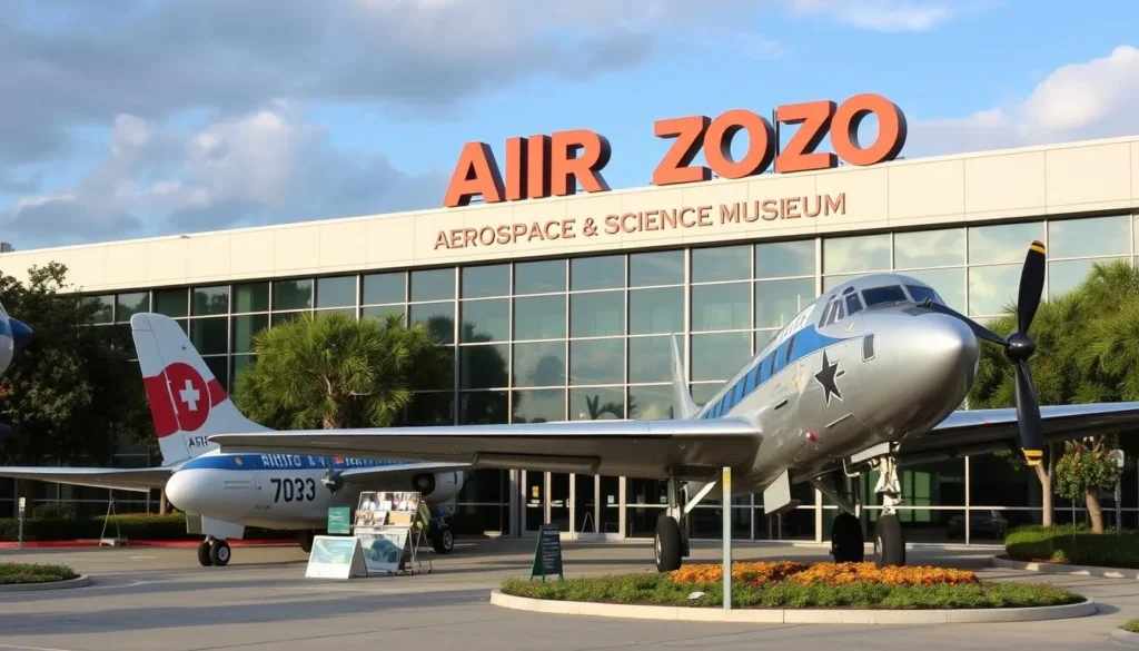 Generate an image of the Air Zoo Aerospace & Science Museum's exterior, showcasing its large aircraft on display.