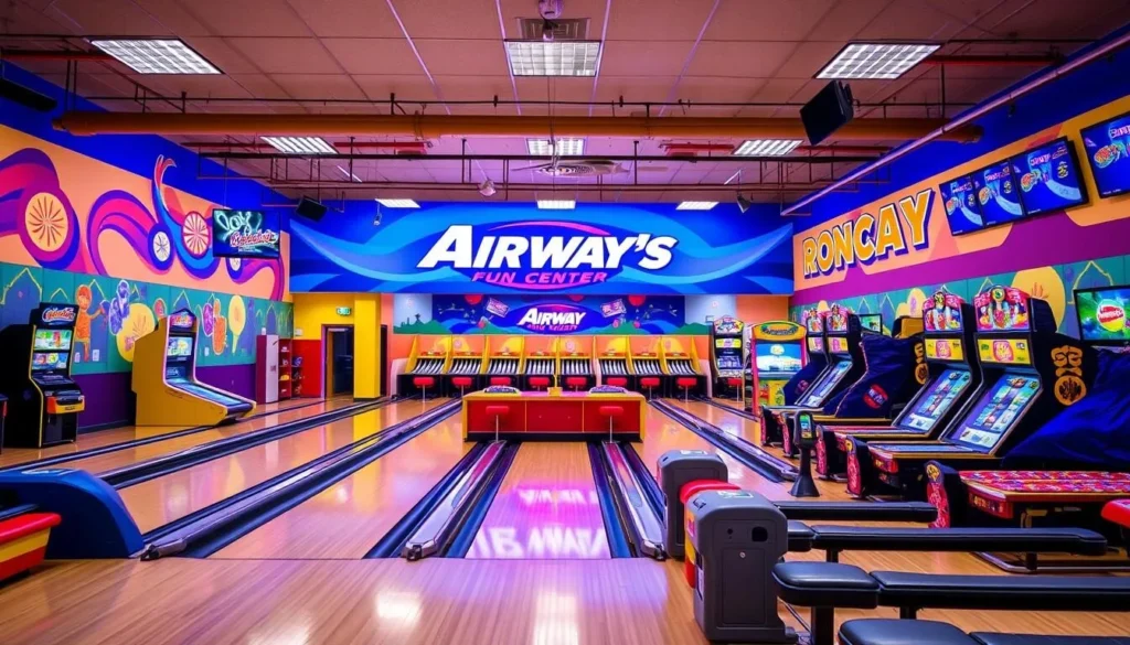 Generate an image of the Airway Fun Center's interior, showcasing its bowling lanes and arcade games.
