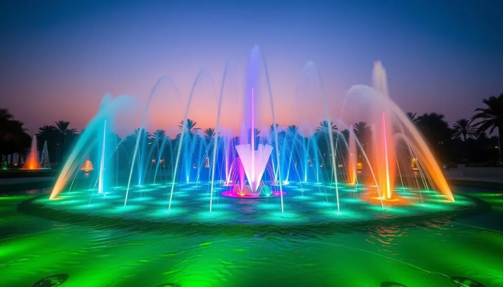 Generate an image of the Al Khobar Water Fountain Park at dusk, highlighting the colorful lights and dancing fountains.