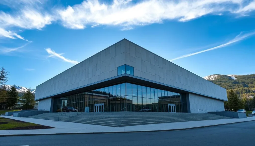 Generate an image of the Alaska State Museum's exterior, showcasing its modern architecture amidst the natural beauty of Juneau.
