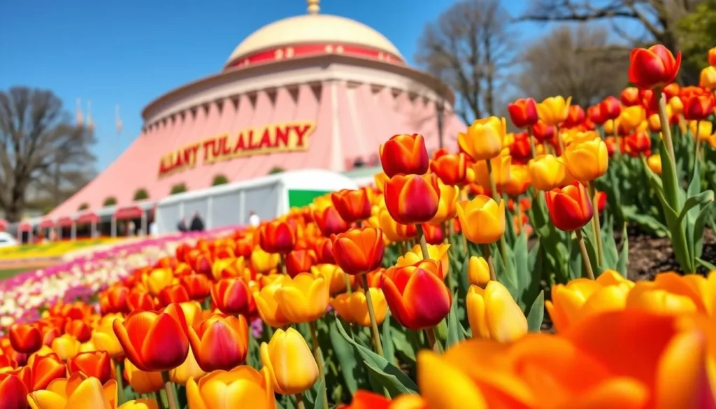 Generate an image of the Albany Tulip Festival with over 140,000 tulips in bloom.