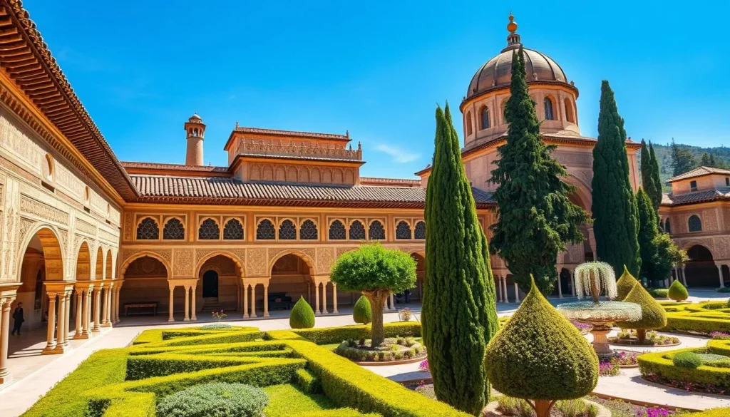 Generate an image of the Alhambra's intricate Islamic architecture and gardens.
