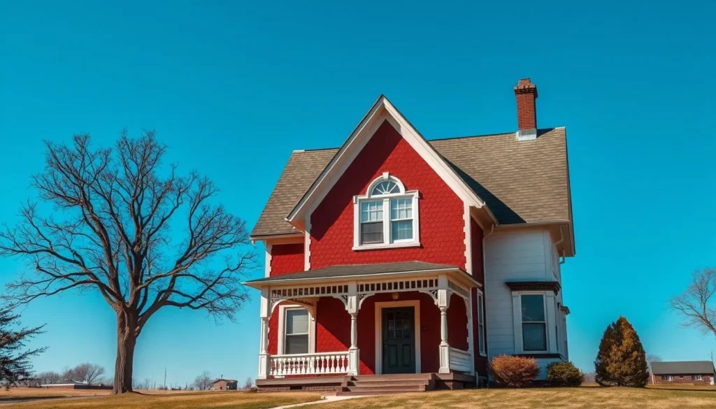 Generate an image of the American Gothic House in Eldon, Iowa, with a clear blue sky