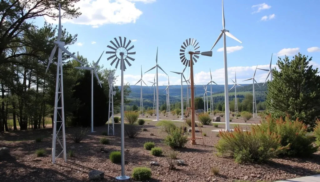 Generate an image of the American Wind Power Center's outdoor display featuring various windmills.