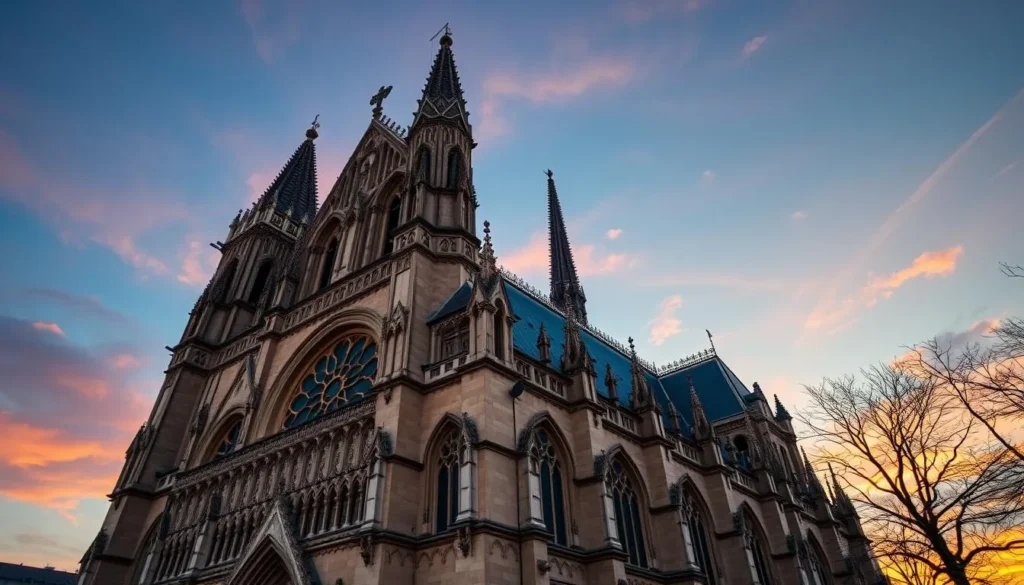 Generate an image of the Amiens Notre Dame Cathedral facade at sunset, highlighting its Gothic architecture.
