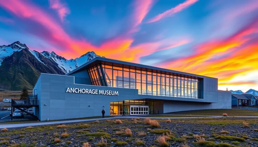 Generate an image of the Anchorage Museum's exterior, showcasing its modern architecture amidst a scenic Alaskan backdrop.