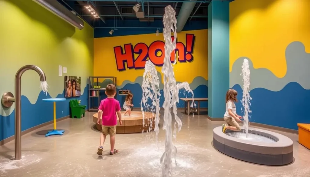 Generate an image of the Ann Arbor Hands-On Museum's interactive water play area, H2Oh! Generate an image of the Ann Arbor Hands-On Museum's interactive water play area, H2Oh!