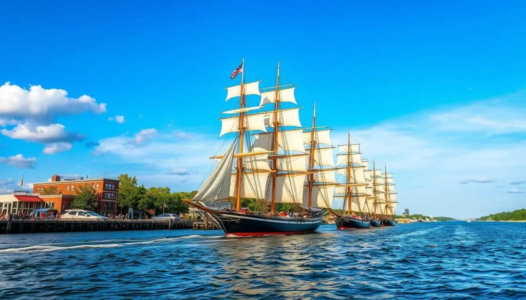 Generate an image of the Appledore Tall Ships sailing on the Saginaw River in Bay City