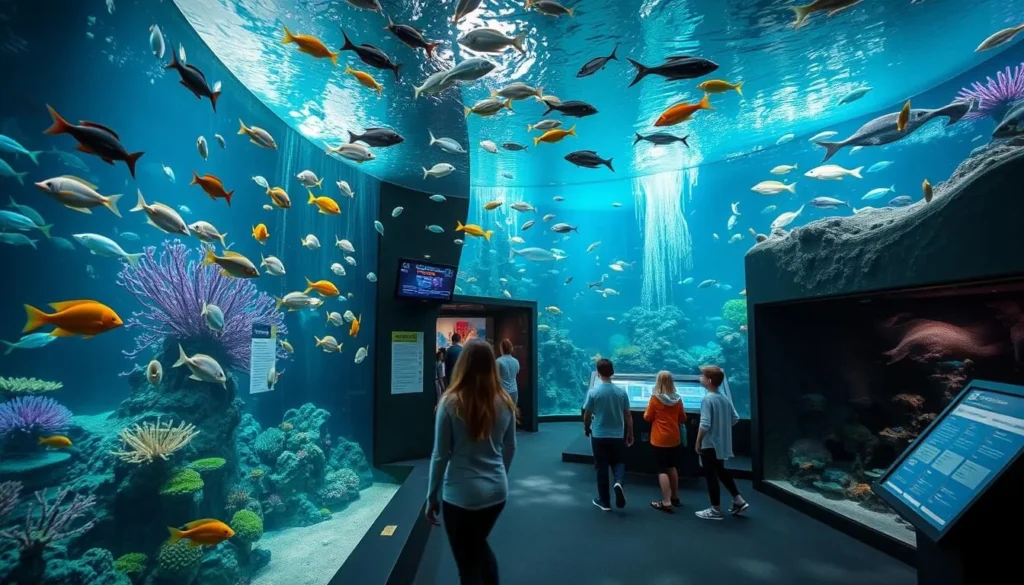 Generate an image of the Aquarium of Niagara's main exhibit with a variety of fish and interactive displays.