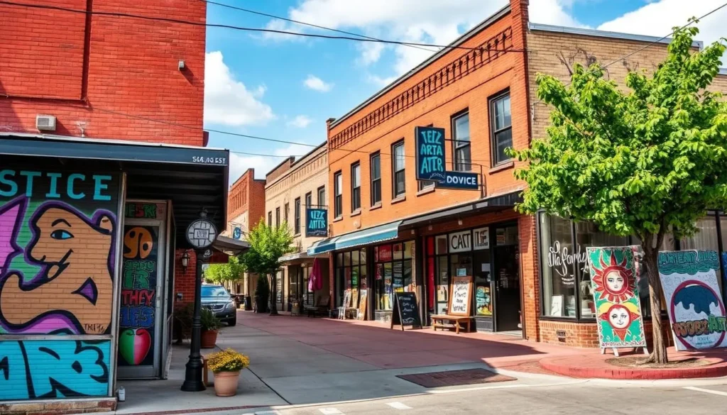 Generate an image of the Argenta Arts District in North Little Rock, showcasing its vibrant street art and eclectic shops.