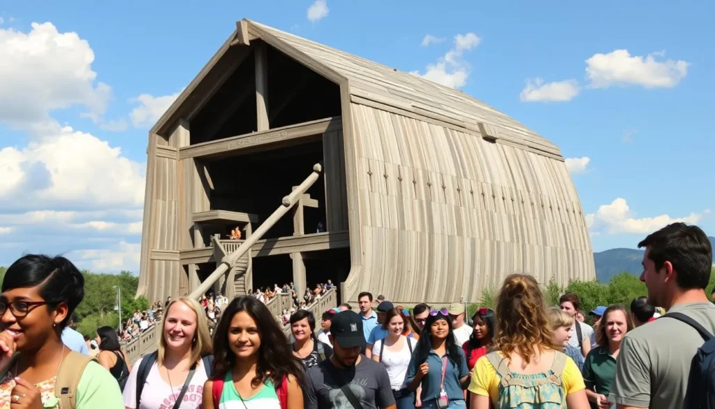 Generate an image of the Ark Encounter's massive structure with visitors walking towards it.