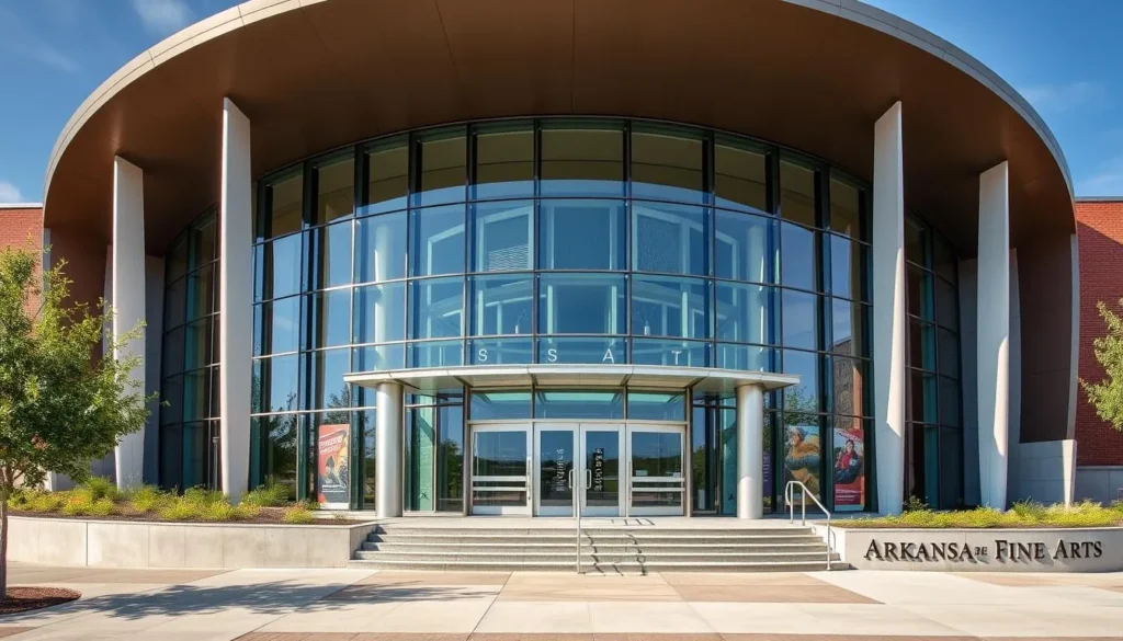 Generate an image of the Arkansas Museum of Fine Arts' exterior, showcasing its modern architecture and inviting entrance.