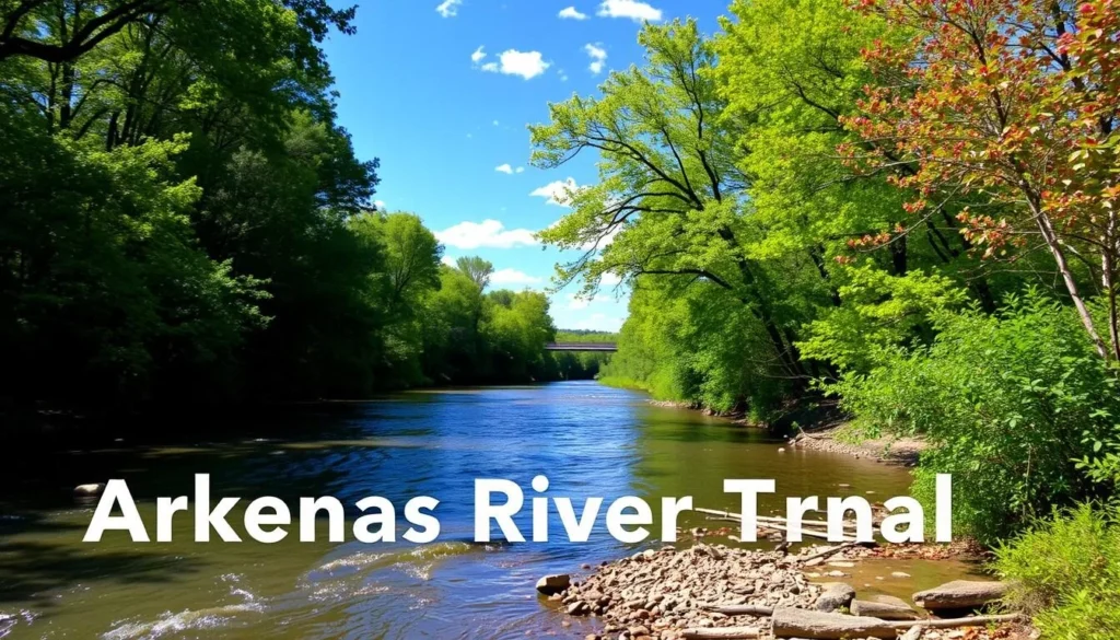 Generate an image of the Arkansas River Trail with a serene river view and lush greenery.
