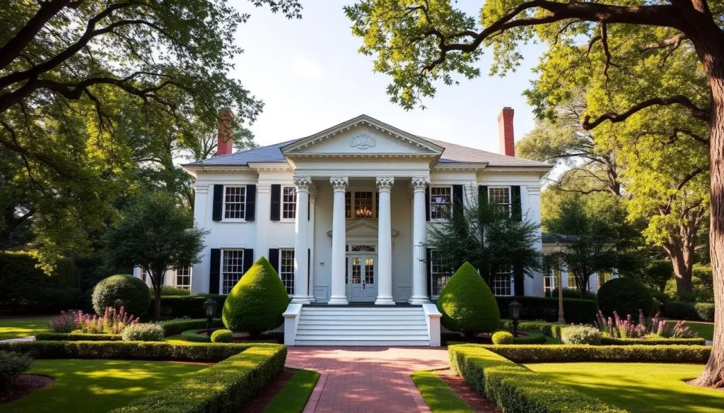 Generate an image of the Arlington Antebellum Home, highlighting its Greek Revival architecture and beautiful gardens.