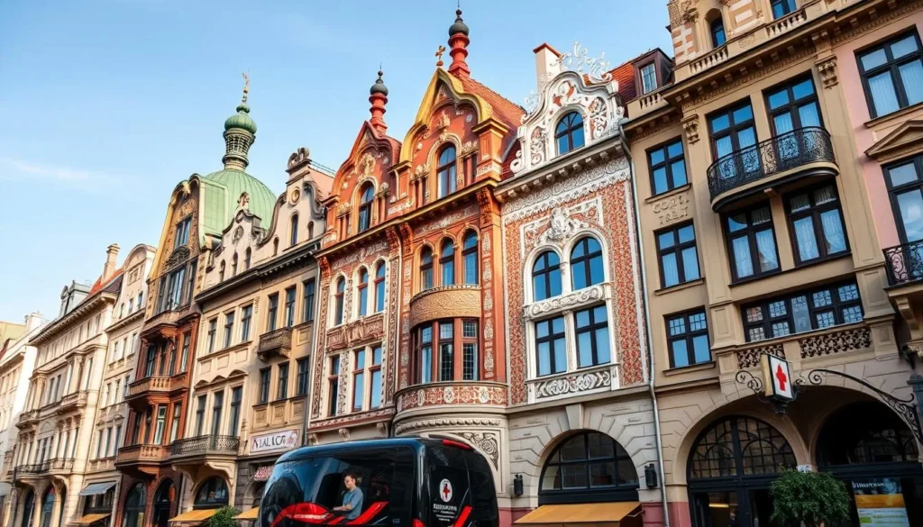 Generate an image of the Art Nouveau District in Riga, showcasing its unique architectural style.