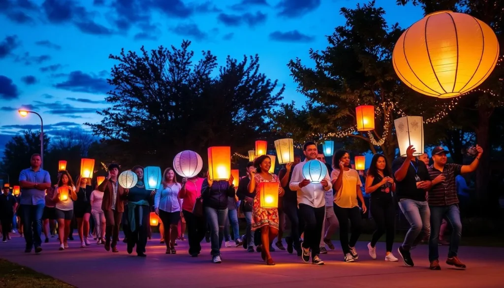 Generate an image of the Atlanta BeltLine Lantern Parade with glowing lanterns and people walking together.