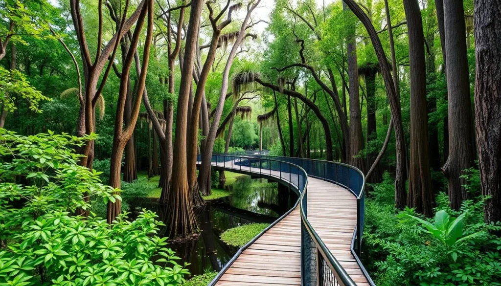 Generate an image of the Audubon Corkscrew Swamp Sanctuary's boardwalk winding through cypress trees.