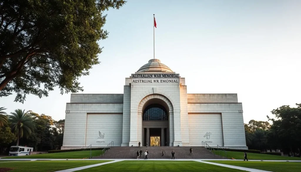 Generate an image of the Australian War Memorial's imposing structure with a solemn atmosphere.