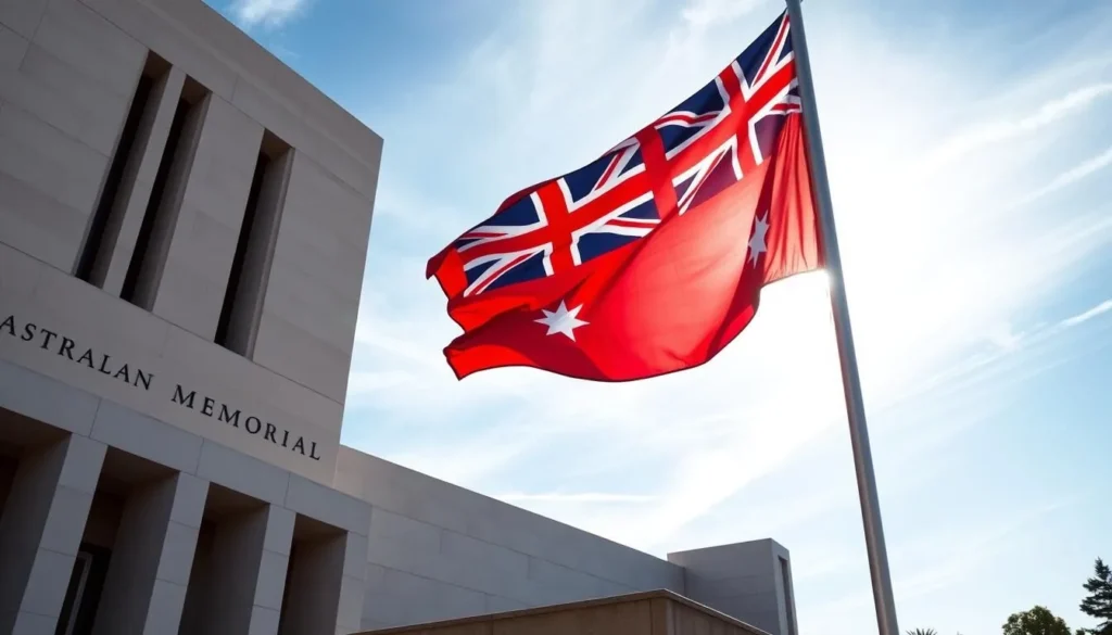 Generate an image of the Australian War Memorial's imposing structure with the flag at half-mast, symbolizing respect and remembrance.