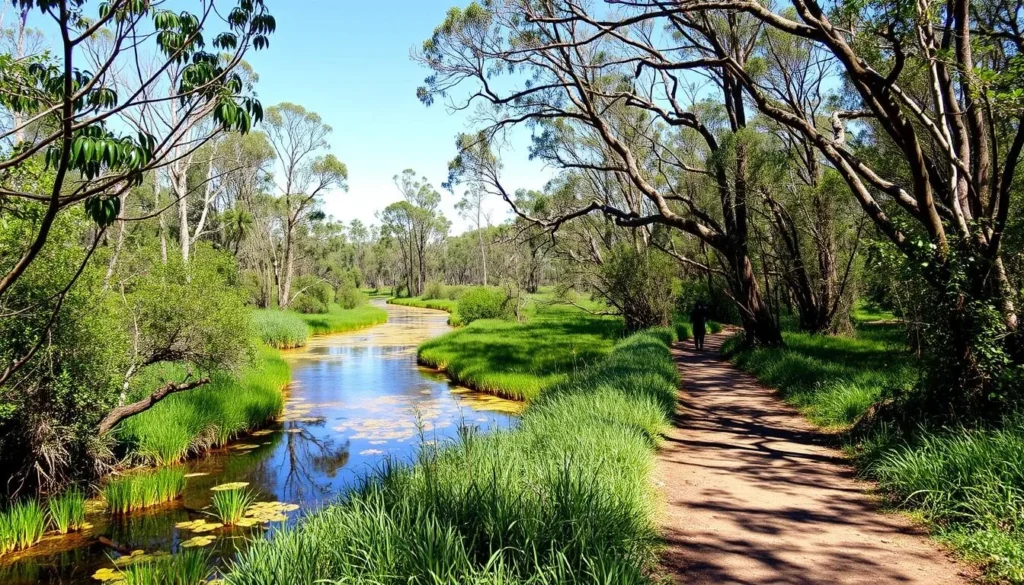 Generate an image of the Ayr Creek Walk through native bush and wetlands.
