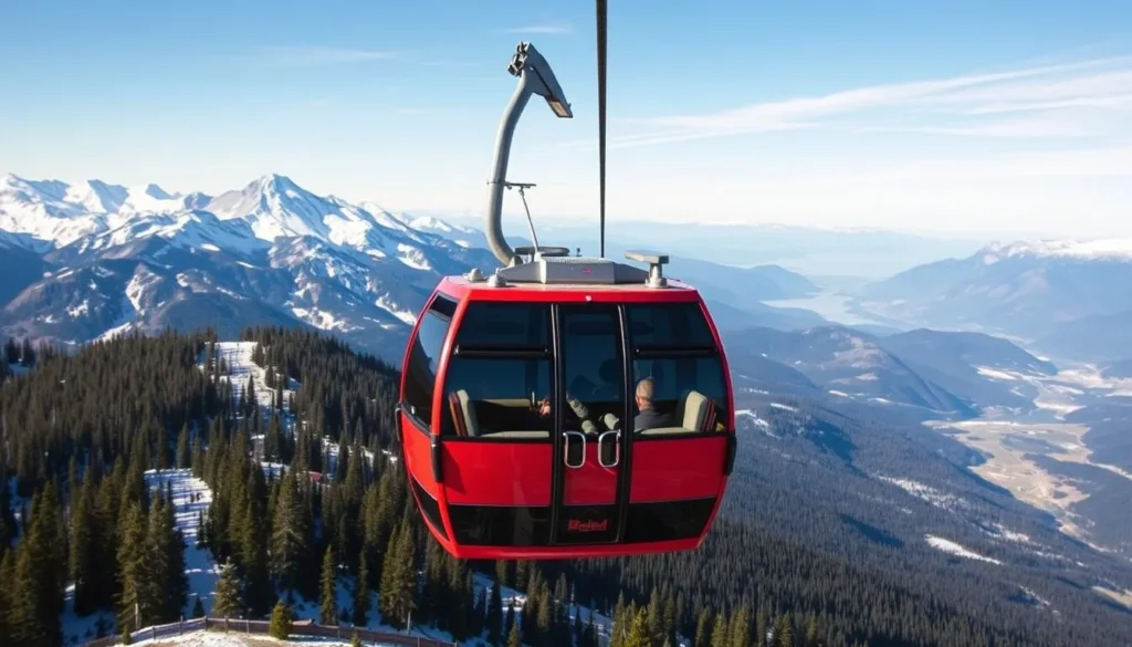 Generate an image of the Banff Gondola ascending to the summit of Sulphur Mountain with a panoramic view of the surrounding mountains.