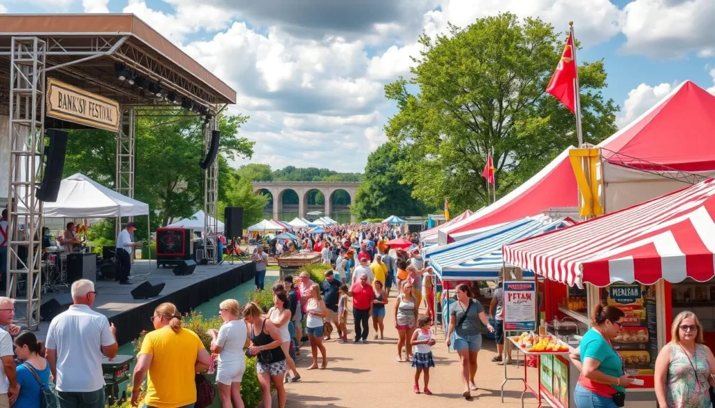 Generate an image of the Banks of the Wabash Festival with live music performances and food stalls. Generate an image of the Banks of the Wabash Festival with live music performances and food stalls.