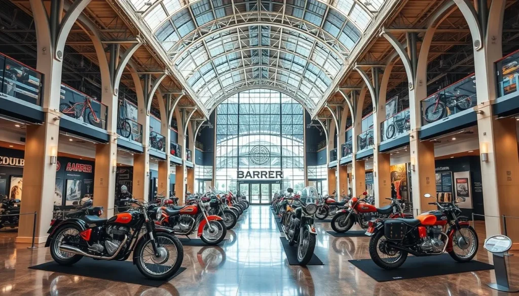 Generate an image of the Barber Vintage Motorsports Museum's main exhibit hall with several vintage motorcycles on display.