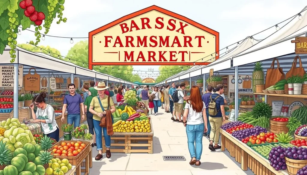 Generate an image of the Barossa Farmers Market on a Saturday morning, with vibrant produce and artisanal goods on display.