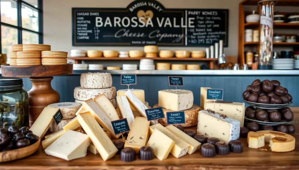 Generate an image of the Barossa Valley Cheese Company, with artisanal cheeses and handcrafted chocolates on display.