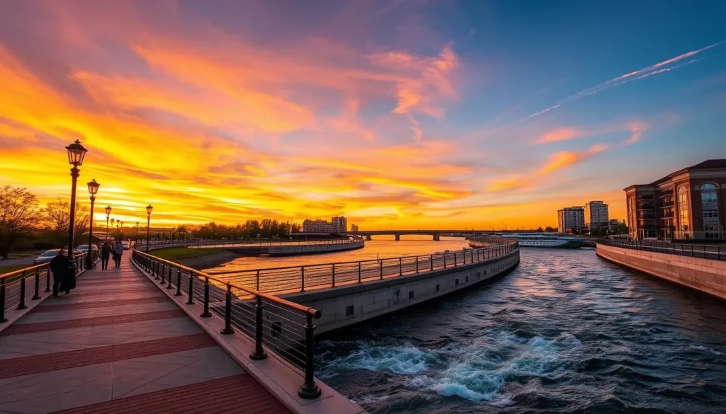 Generate an image of the Bay City Riverwalk with the Saginaw River in the background.