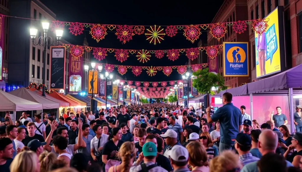 Generate an image of the Beale Street Music Festival, highlighting the live music performances and the festive atmosphere.