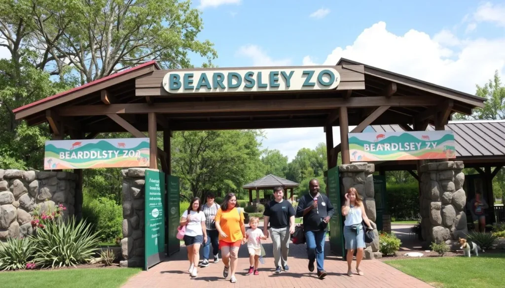 Generate an image of the Beardsley Zoo main entrance, with a sign displaying the zoo's name and a few visitors walking towards the entrance.