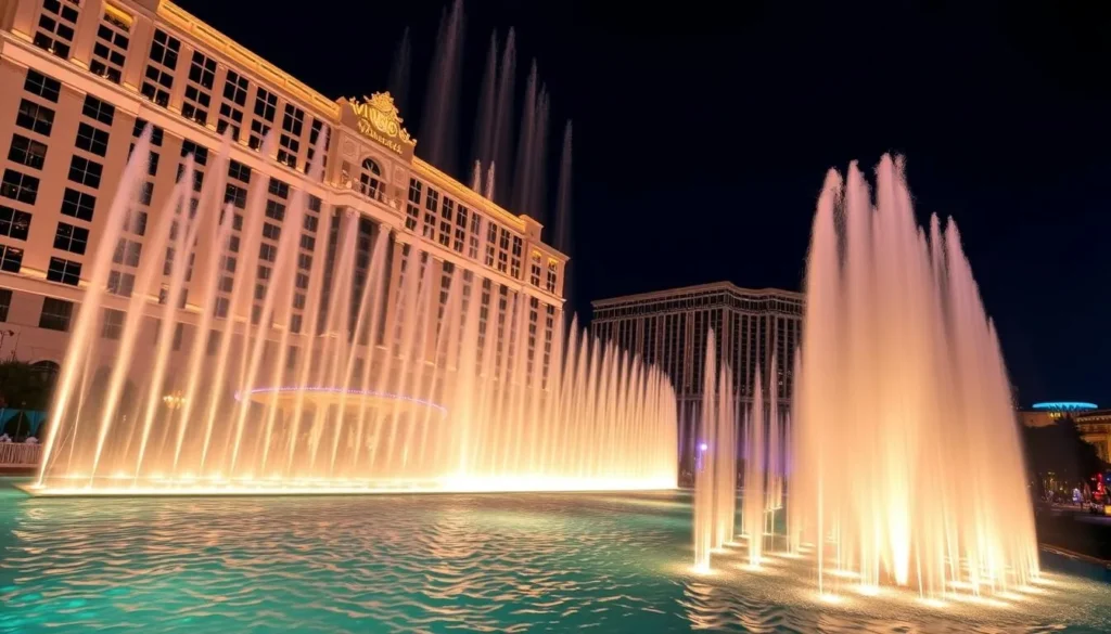 Generate an image of the Bellagio Fountains show at night with the water shooting high into the air, synchronized with music and lighting effects.
