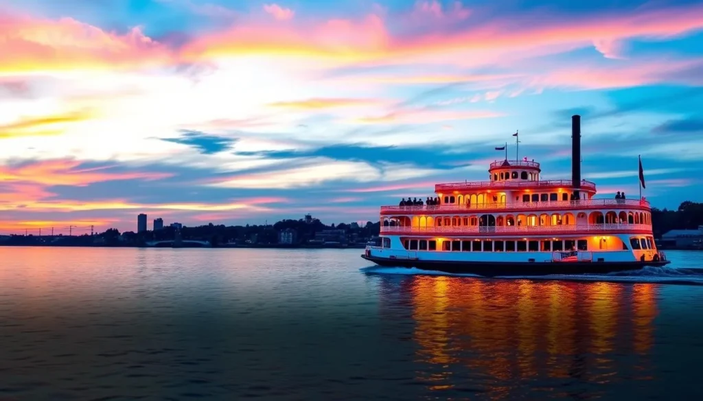 Generate an image of the Belle of Louisville steamboat cruising on the Ohio River during sunset.