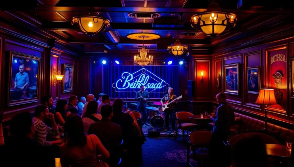 Generate an image of the Bethesda Blues and Jazz Supper Club's interior, showcasing its elegant setting and live music performance.