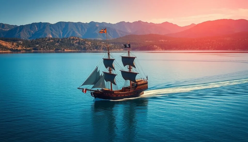 Generate an image of the Big Bear Pirate Ship sailing on Big Bear Lake with a backdrop of surrounding mountains.