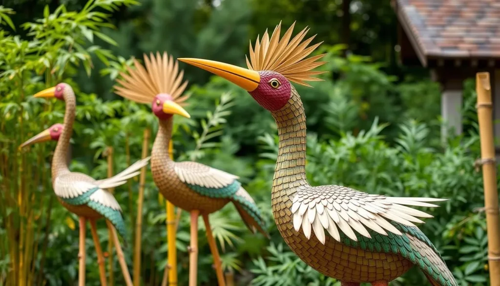 Generate an image of the Big Beautiful Bamboo Birds installation at Blithewold.