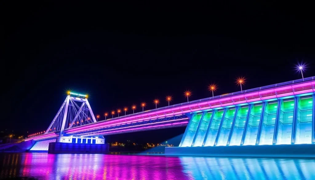 Generate an image of the Big Dam Bridge illuminated with colorful LED lights at night.