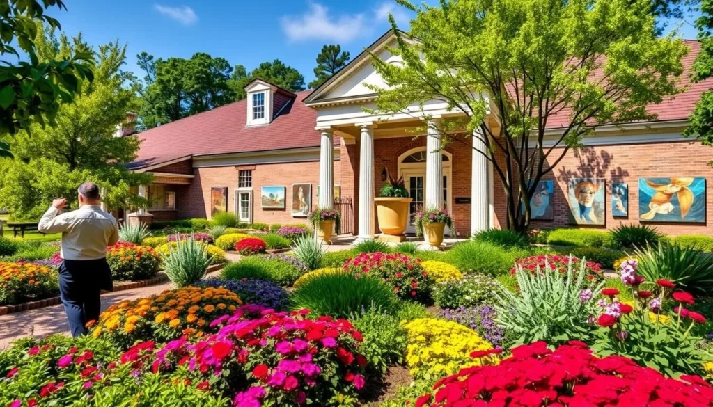 Generate an image of the Biggs Museum of American Art in Dover, Delaware, featuring its beautiful gardens and American art exhibits.
