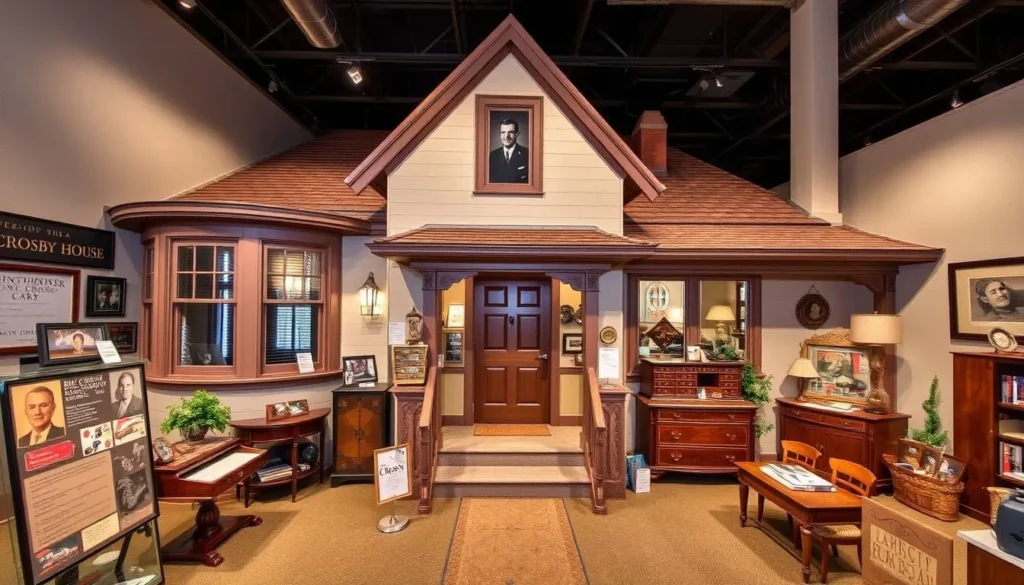 Generate an image of the Bing Crosby House Museum, showcasing its historic exterior and some of Bing Crosby's memorabilia.