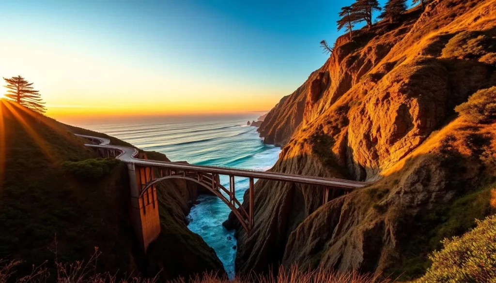 Generate an image of the Bixby Creek Bridge with the stunning Big Sur coastline in the background.