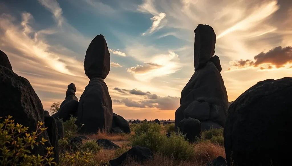 Generate an image of the Black Stones of Pungo Andongo, unique black rock formations rising from the savannah.