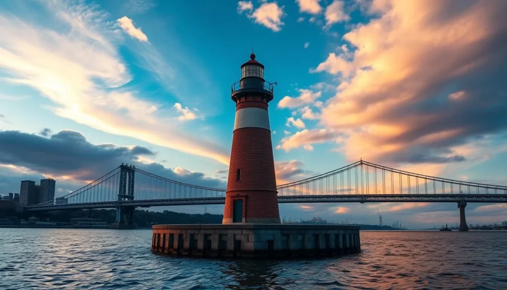 Generate an image of the Blackwell Island Lighthouse with the Queensboro Bridge in the background.