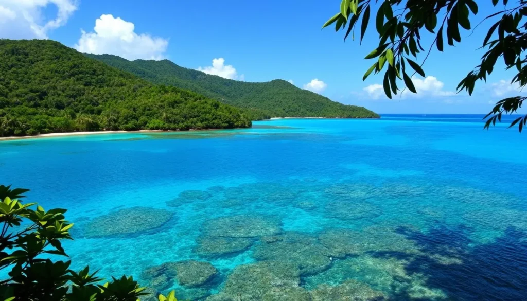 Generate an image of the Blue Lagoon in Port Antonio, Jamaica, showcasing its vibrant blue waters surrounded by lush green hills.