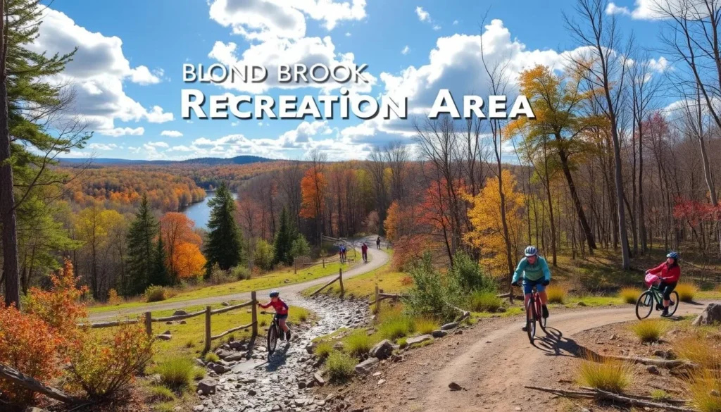 Generate an image of the Bond Brook Recreation Area, highlighting its trails and outdoor activities.