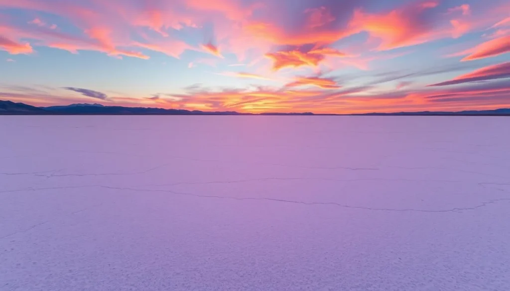 Generate an image of the Bonneville Salt Flats at sunset, with a vast expanse of white salt crust stretching out to the horizon.