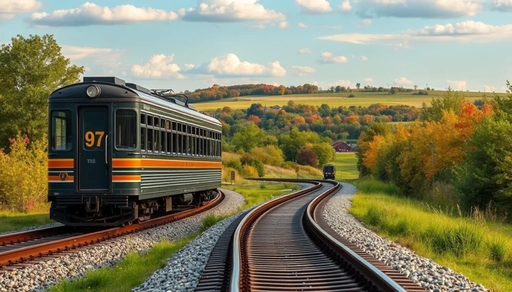 Generate an image of the Boone Scenic Valley Railway train chugging along the tracks with the Iowa landscape in the background.