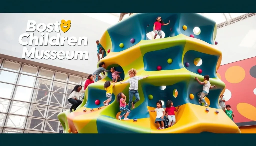 Generate an image of the Boston Children's Museum's three-story climbing sculpture with kids playing.