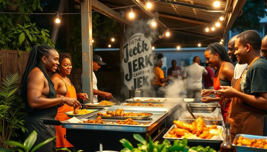 Generate an image of the Boston Jerk Center's outdoor cooking area with customers enjoying their meals.